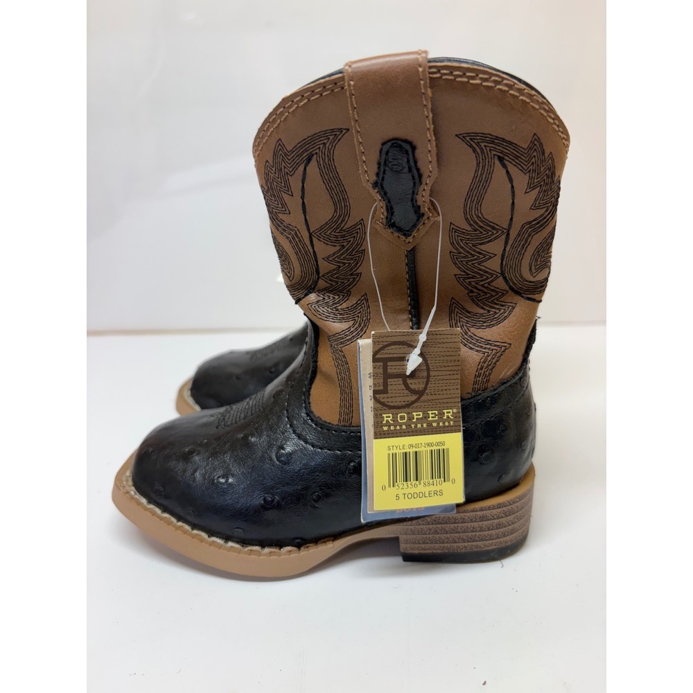 Roper Toddler Boys Black Ostrich Print Tan Western Cowboy Boots 09-017-1900-0050